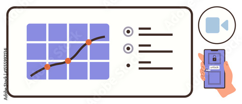 Graph on a grid, toggles for settings, hand holding smartphone with unlock screen, and video camera icon. Ideal for data monitoring, security, technology, access management, analytics smart devices
