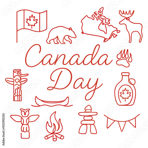 Canada Day symbols including flag, bear, moose, and maple syrup  
