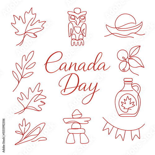 Canada Day celebration symbols with maple leaves and totem icons  