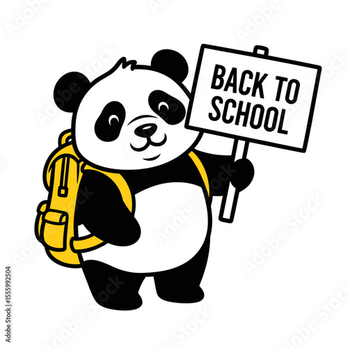 cute panda bear wearing backpack and holding a Back to School sign cartoon sketch