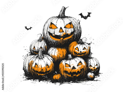 Engraved Halloween pumpkins, vintage style jack-o'-lantern art, spooky decor sketch, horror themed illustration, autumn scary design, Halloween vintage black sketch,