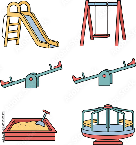 Kids playground icon set – slide, swing, seesaw, sandbox, merry-go-round – flat playful vector style, soft bright colors, bold outline for easy tracing..