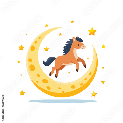 Cute Horse jumping over a moon