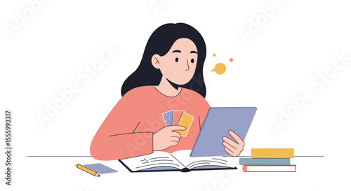 Young woman studying with flashcards and tablet while reading book  