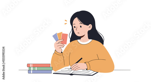 Young woman studying with flashcards while writing in notebook  