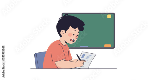 Young boy with ADHD sitting at desk and writing in classroom  