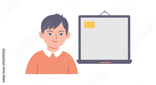 Boy with Down syndrome in classroom posing beside blank whiteboard  