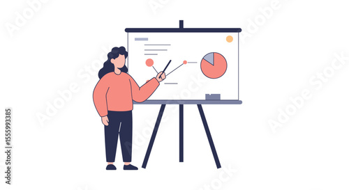 Teacher pointing to whiteboard with diagram and analyzing data  