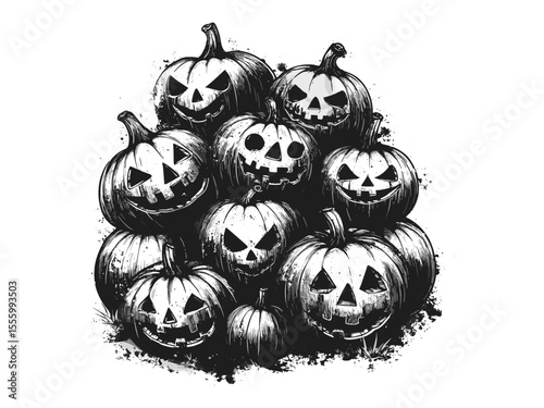 Spooky jack-o'-lantern stack, Halloween pumpkin sketch, vintage horror decor in engraving style, classic October vibes, hand drawn eerie art, engraved Halloween pumpkin set,