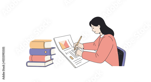 Student completing math worksheet while sitting at desk with books  