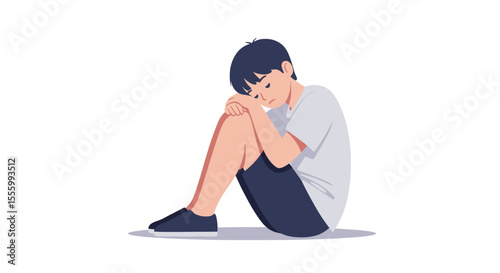 Boy resting head on knees, feeling contemplative in casual outfit  