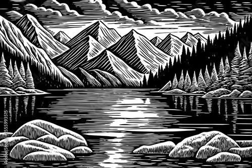 Glacial lake with icebergs floating and snow-capped peaks in the background, a black and white sketch vector hand drawn