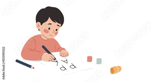 Child tracing letters on paper with pencil and colorful blocks  