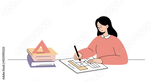 Student completing math worksheet while sitting at desk with books  