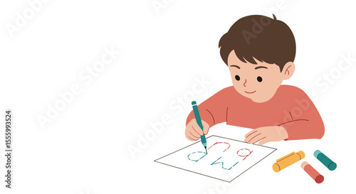 Young boy tracing letters on paper while sitting at a table  