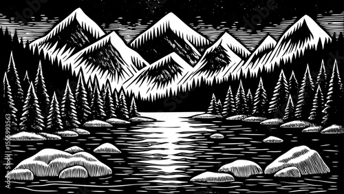 Glacial lake with icebergs floating and snow-capped peaks in the background, a black and white sketch vector hand drawn