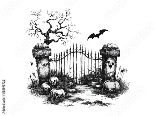 Spooky Halloween graveyard gate engraving, vintage hand-drawn horror motif, black sketch style, old engraving technique, trendy seasonal artwork, ghostly cemetery scene, dark holiday decor