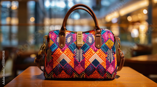 Colourful embroidered handbag with geometric pattern on display in boutique highlighting ethnic fashion and handcrafted design