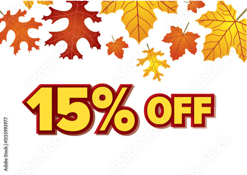 Autumn sale banner highlighting 15 percent off with colorful leaves surrounding the text. Seasonal marketing concept