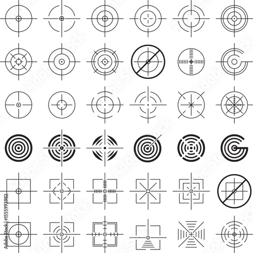 Collection of crosshair and target icons in different styles, ideal for sniper scope HUDs, radar UI, gaming overlays, graphic design, precision tools, and interface elements