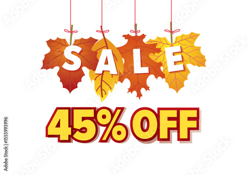 Autumn sale banner featuring 45 percent off with colorful leaves hanging above the word sale. Seasonal marketing concept