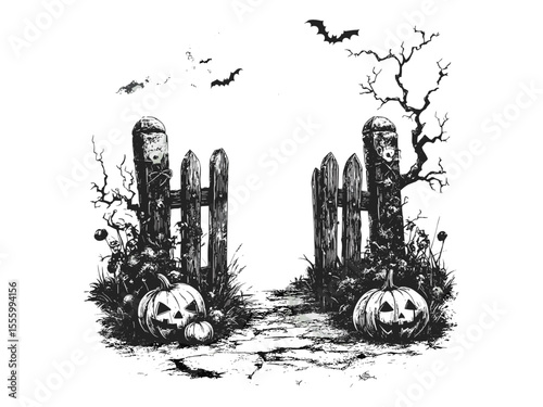 Halloween graveyard gate engraving, spooky vintage black sketch style, hand-drawn horror motif, old engraving style, seasonal spooky artwork, creepy night illustration, eerie holiday design