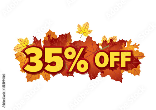 Autumn sale banner featuring 35 percent off with a background of vibrant leaves. Seasonal marketing concept