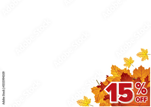 Autumn sale banner promoting 15 percent off with vibrant leaves in the corner. Seasonal marketing concept