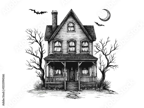 Spooky October Halloween haunted house illustration, vintage black sketch, old engraving style, hand-drawn horror house, trendy seasonal decor, gothic style art, creepy mansion drawing