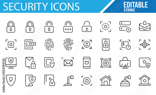 A collection of editable security-related icons including locks, fingerprints, shields, and various digital protection symbols.