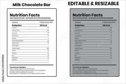 Milk Chocolate Bar nutrition facts, nutrition facts, food label, calorie chart, protein infographic, healthy eating, vitamin chart, editable template, diet plan, meal prep nutrition, food packaging la