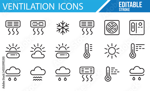 A collection of editable ventilation and air conditioning icons, including air vents, fans, airflow, and weather-related symbols.