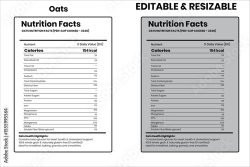 Oats nutrition facts, nutrition facts, nutrition, nutrition label, calories in food, nutrition info, supplement facts, vector template
 