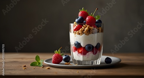A beautifully arranged yogurt parfait featuring vibrant berries and crunchy granola, set against a warm, rustic background. 