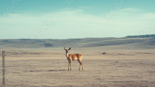 A single deer standing on a barren land with no vegetation 