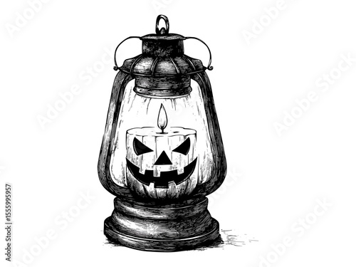 Vintage Halloween lantern, spooky candle engraving, retro horror motif, black sketch hand-drawn style, old engraving design, seasonal decor idea, gothic holiday icon, creepy autumn artwork