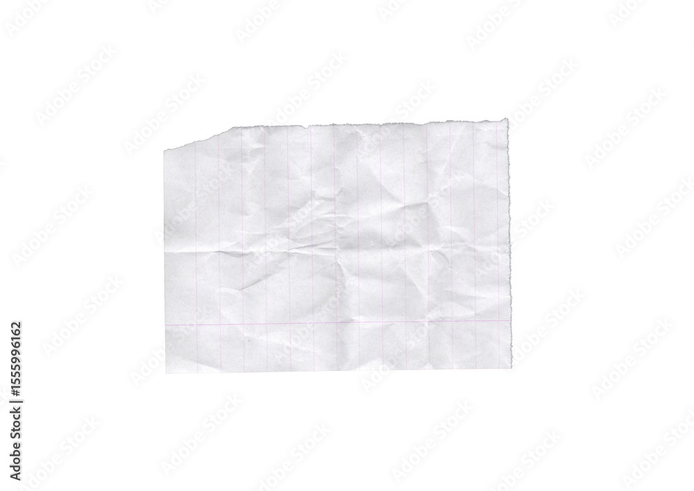 Obraz premium Crumpled and torn lined notebook paper with visible fold marks and rough edges. Old-fashioned school sheet for design mockups, journaling, or digital scrapbooking.