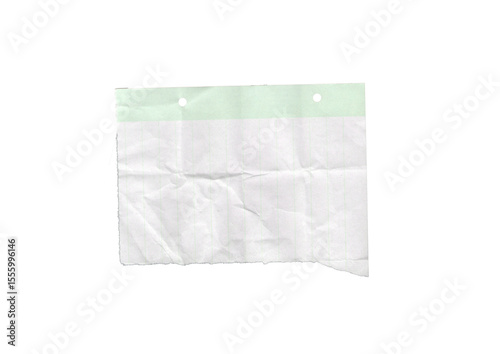 Wrinkled loose-leaf paper with two punch holes and textured surface. Ideal for stationery, collage elements, or digital compositions.