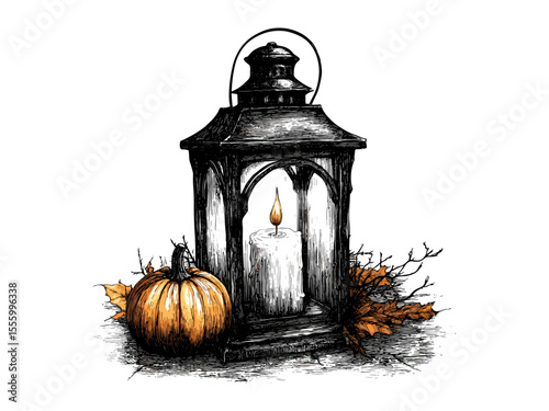Spooky Halloween lantern with candle, vintage black sketch engraving, retro horror holiday decoration, hand-drawn old engraving style, seasonal gothic icon, eerie pumpkin carving illustration