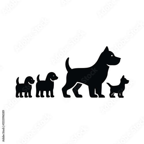 Dog Family Silhouette Puppies and Adult Dog in Black and White