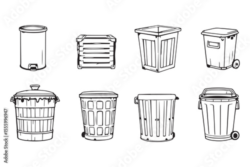  set of different type of 8 pcs Trash can line art and black color 