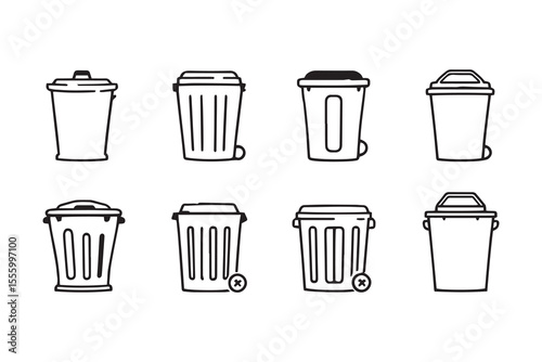  set of different type of 8 pcs Trash can line art and black color 