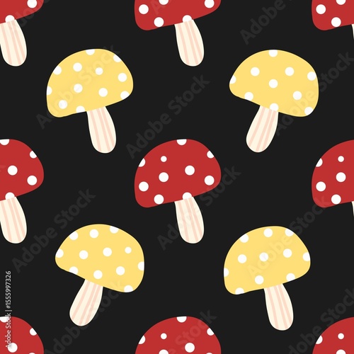 Colorful red and yellow mushrooms with white dots on black background. Fun and quirky pattern perfect for fabric, kids design, and woodland themes.