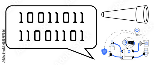Robot analyzing binary code in a speech bubble, accompanied by a telescope, digital icons, and tools. Ideal for AI, data science, robotics, encryption, innovation machine learning simple flat