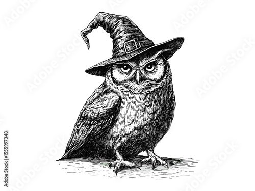 Spooky owl with witch hat, Halloween black sketch, vintage bird engraving, hand-drawn horror motif, old style engraving, October spooky art, gothic vintage tattoo, haunted season illustration