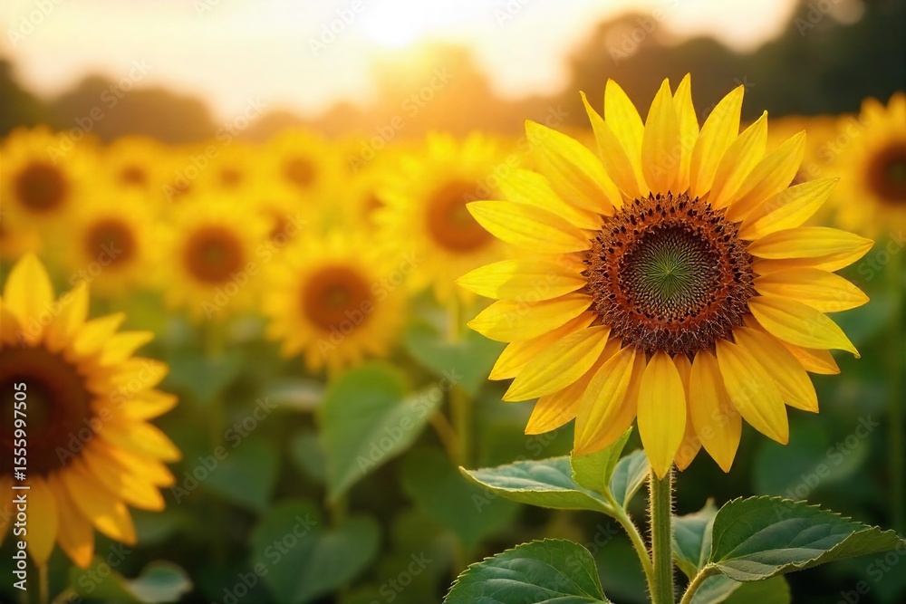 Obraz premium A vibrant field of sunflowers in full bloom, bathed in golden sunlight, signifying the anticipation and excitement of a bountiful harvest season , bounty, anticipation, buds