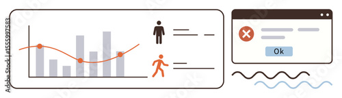 Bar graph and trend line for data analysis, human icons for user stats, error alert with action button. Ideal for analytics, stats, UX design, problem-solving, feedback, monitoring success tracking