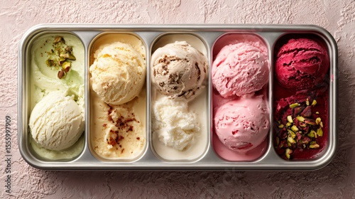 Flat lay of modern ice cream sampler tray, clean background with subtle texture