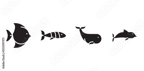 Silhouettes of four sharks in various poses. Shark shapes include a hammerhead and great white. Shark fins and tails are prominent in each silhouette. Silhouette animals isolated on white background..