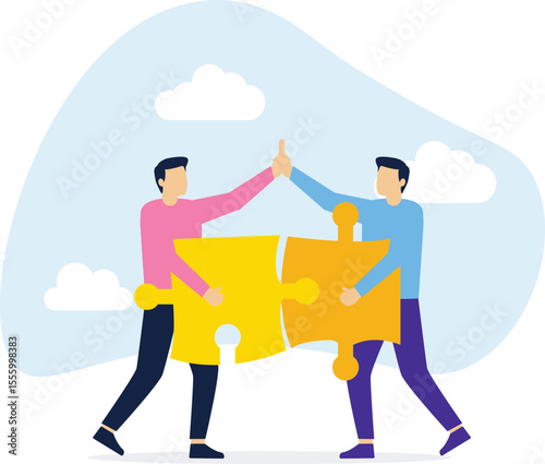 Teamwork to solve problems, teamwork to connect together, acquisitions or mergers, partnerships, two businessmen taking parts of a puzzle to connect and high-fiving stock illustration

